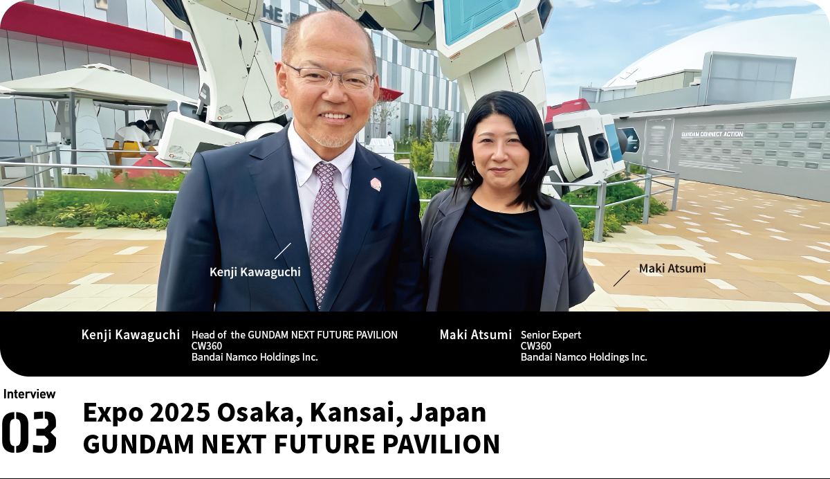 Left:Kenji Kawaguchi Expert Head of  the GUNDAM NEXT FUTURE PAVILION
CW360 Bandai Namco Holdings Inc. Right:Maki Atsumi Senior Expert CW360 Bandai Namco Holdings Inc.