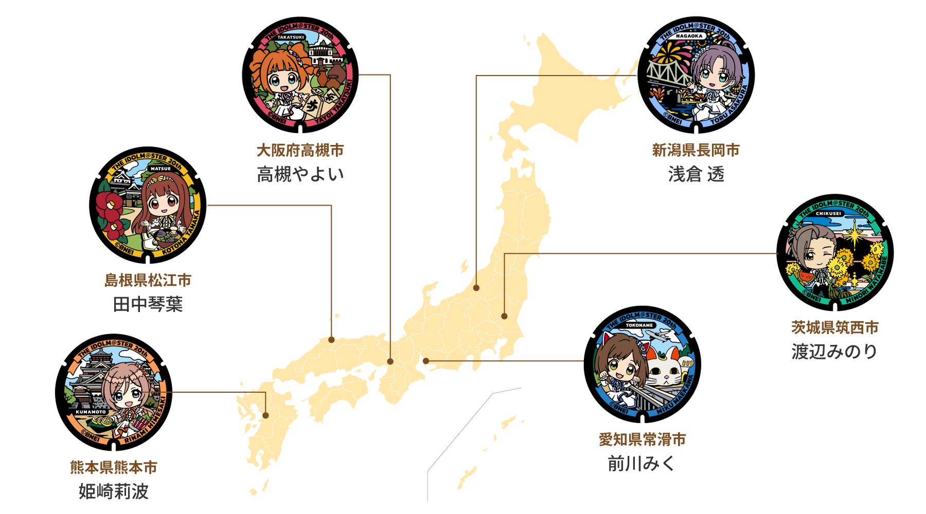 図：日本全国に広がるアイドルマスターのマンホールプロジェクト「ふたマス!!!!!!」。大阪府高槻市の高槻やよいをはじめ、島根県松江市の田中琴葉、愛知県常滑市の前川みくなど、地域ごとにゆかりあるアイドルのデザインを施したマンホールを設置しています。