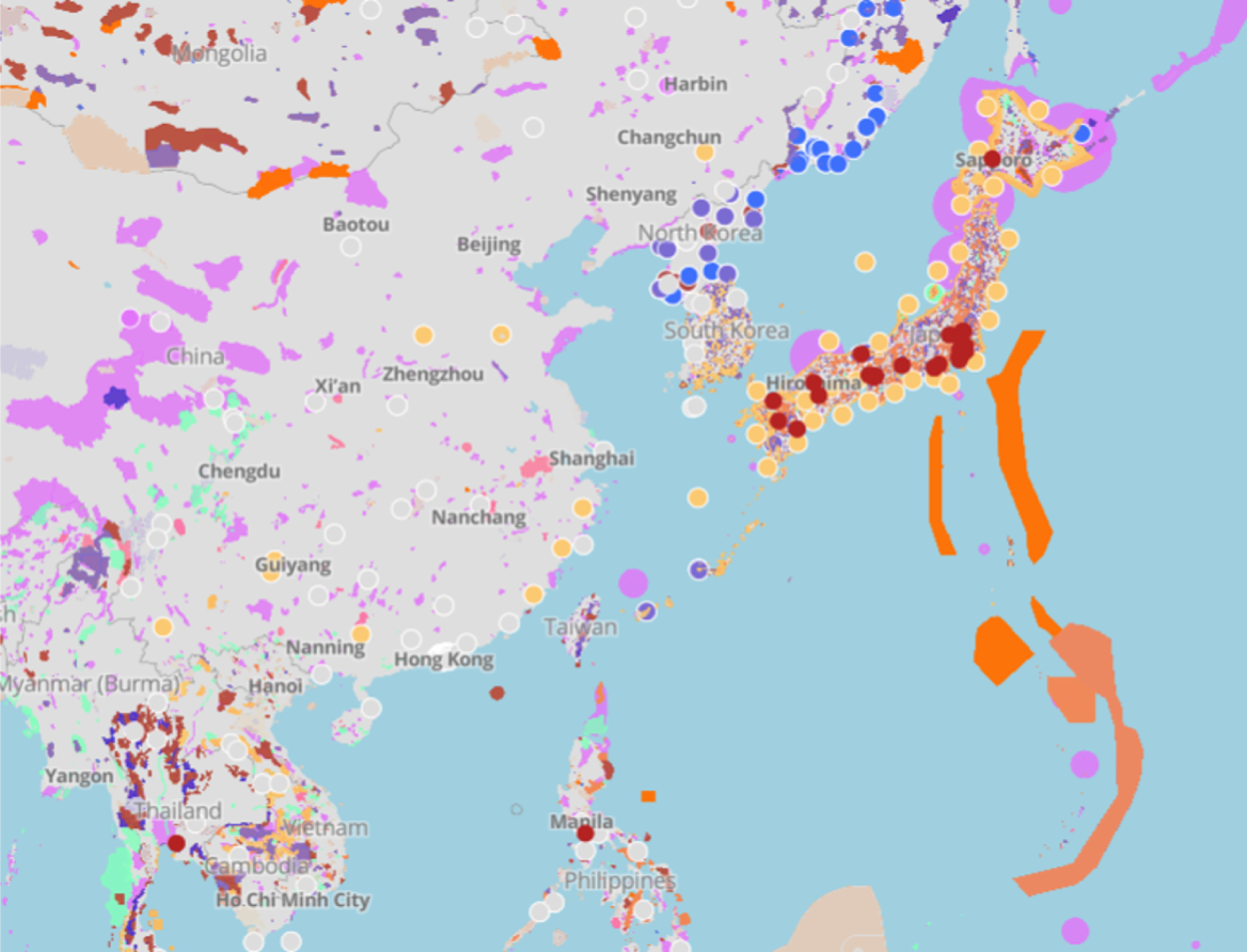 図：要注意地域分析図。さまざまなツールを用いて、日本、中国、韓国などの東アジアから、ベトナム、タイ、フィリピンなどの東南アジアまでを調査・分析した結果を地図上にマッピングしています。
